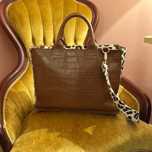Chico’s zippered brown faux leather + leopard tote.